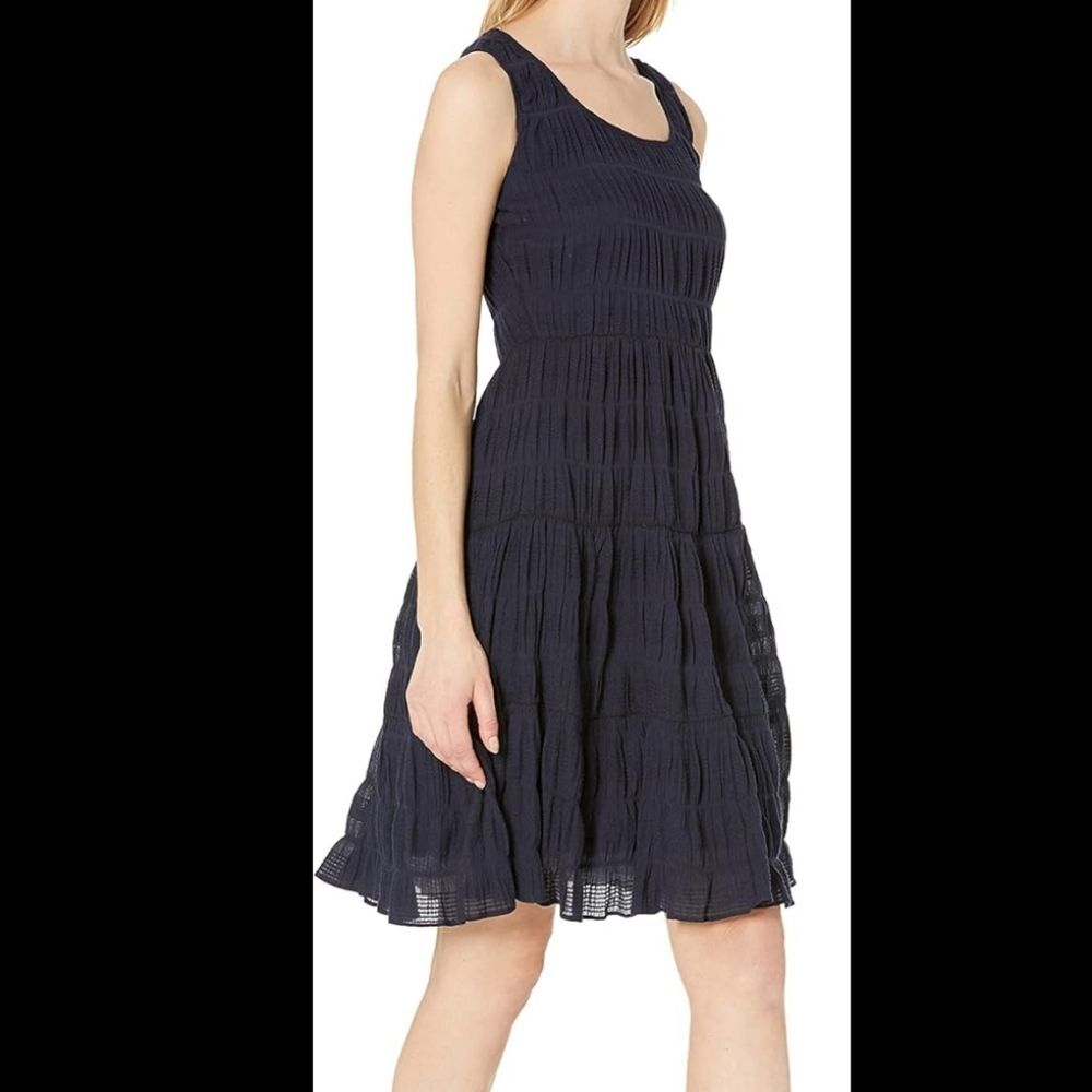Max Studio Textured Sleeveless A-Line Dress Navy Scoop Round Neck Dress Medium
